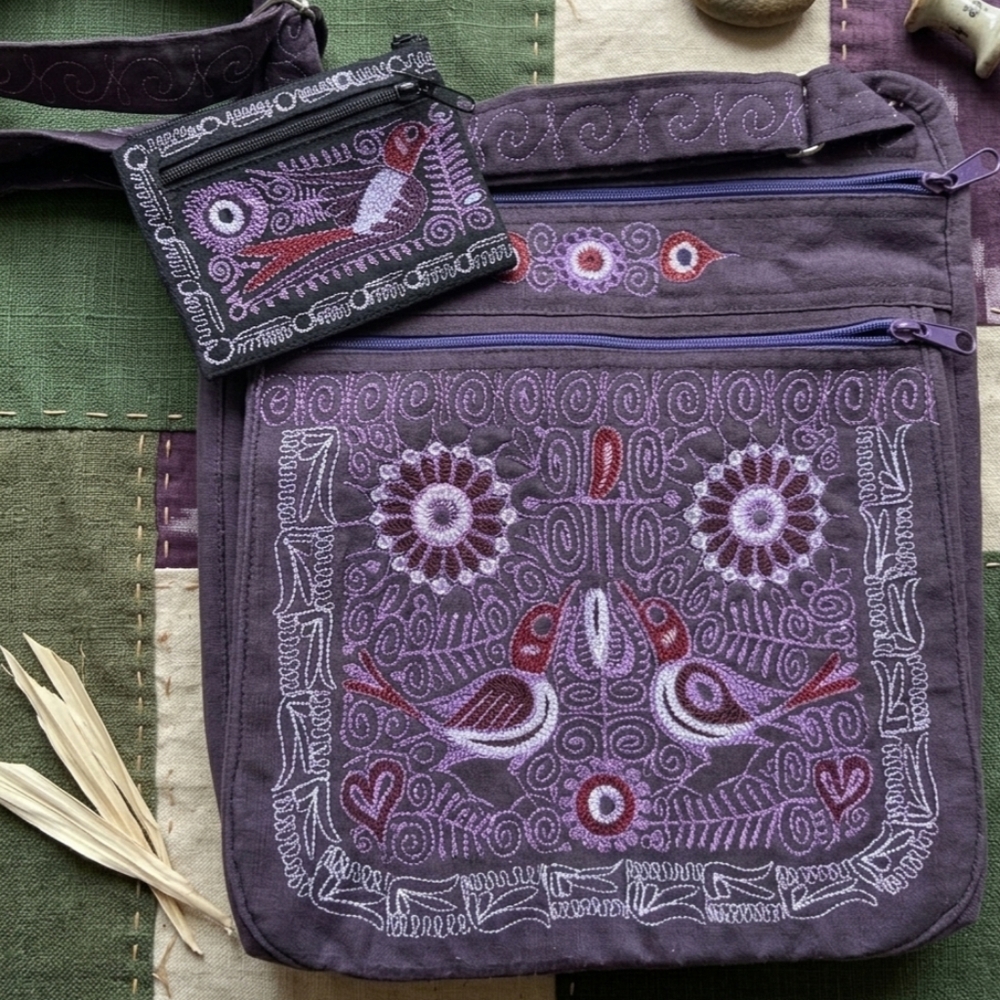 Artisan Handcrafted Embroidered Crossbody Bag Coin Purse Set Boho Chic Retro